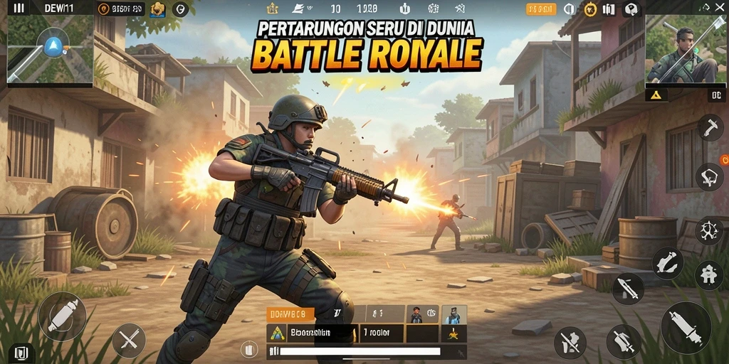 Tampilan gameplay <strong>DEWI11</strong> menunjukkan pertarungan intens di arena Battle Royale.