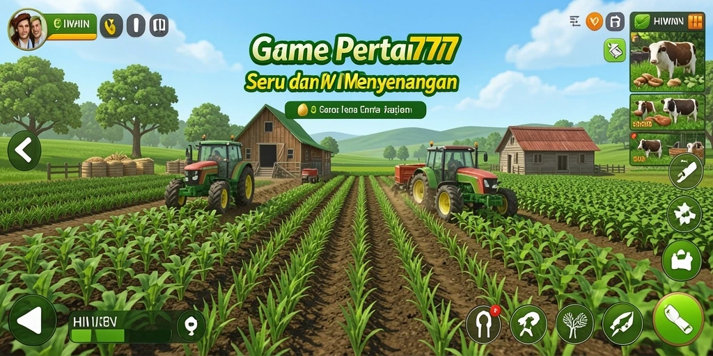 Gameplay HIWIN777 menampilkan kebun penuh tanaman dan hewan yang aktif.