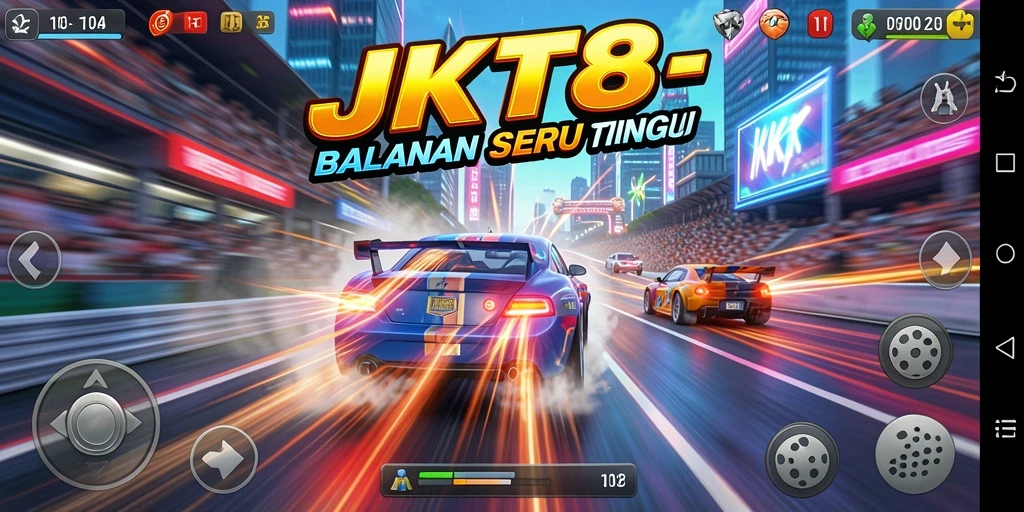 Tampilan balapan JKT8 menampilkan mobil-mobil kencang di trek yang menantang.