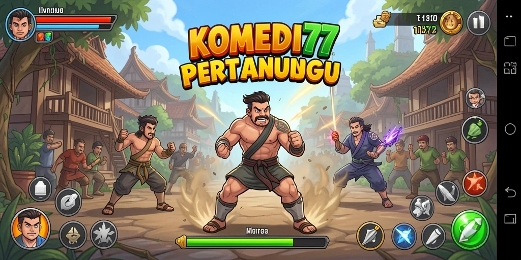 Screenshot gameplay KOMEDI77 menampilkan pertarungan penuh tawa dan aksi seru.