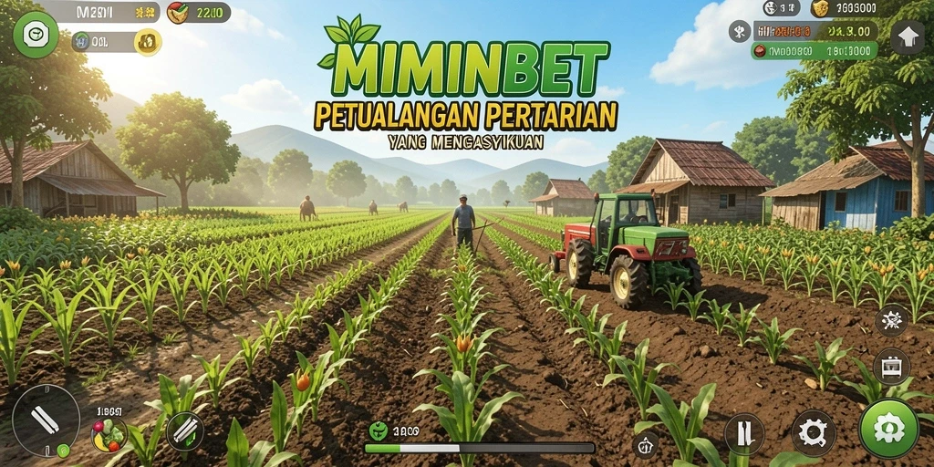 Tangkapan layar gameplay MIMINBET menampilkan kebun yang indah dan hewan ternak yang lucu.
