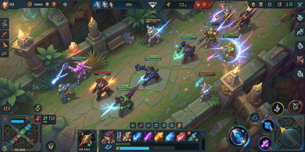 Screenshot gameplay NOX123 menunjukkan pertarungan epik MOBA.