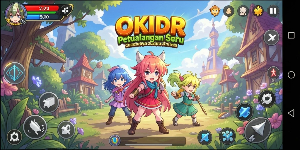 Screenshot gameplay OKIDR menampilkan karakter anime dalam pertempuran epik.