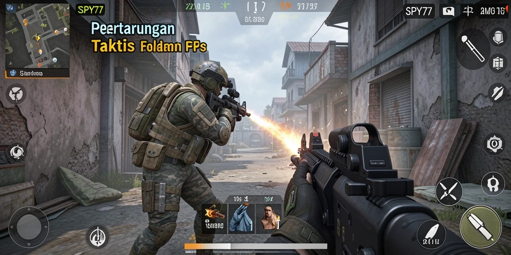 Tampilan gameplay menegangkan dari SPY77 di medan perang FPS.